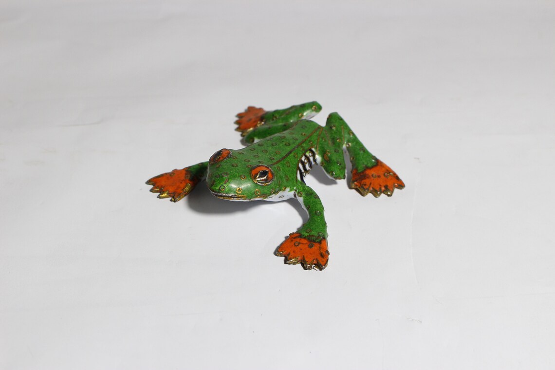 Small Brass Green Tree Frog Figurine With Colorful Enamel Etsy