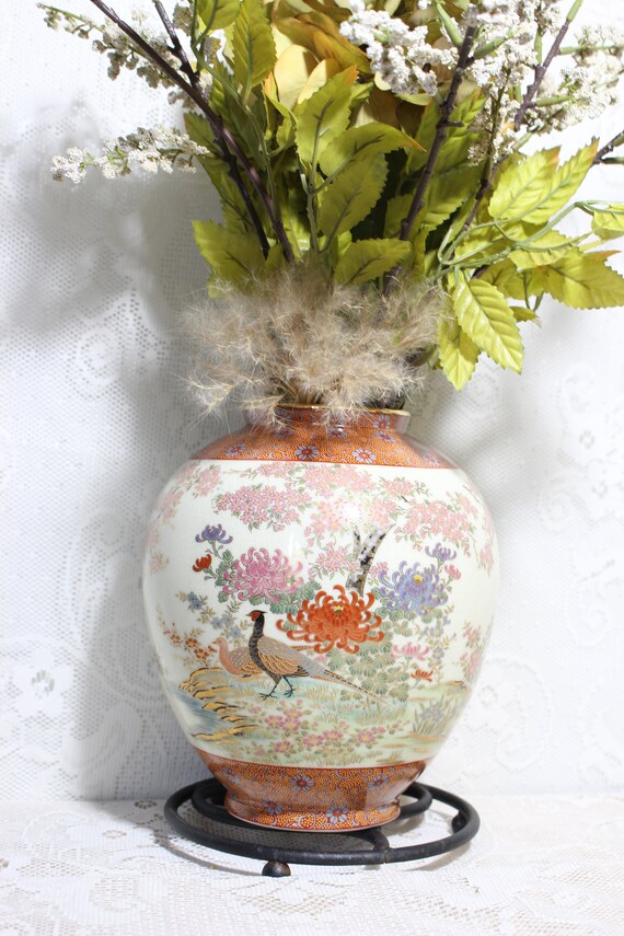 Japanese Pottery Vase Pheasant And Flowers Porcelain Jar Etsy
