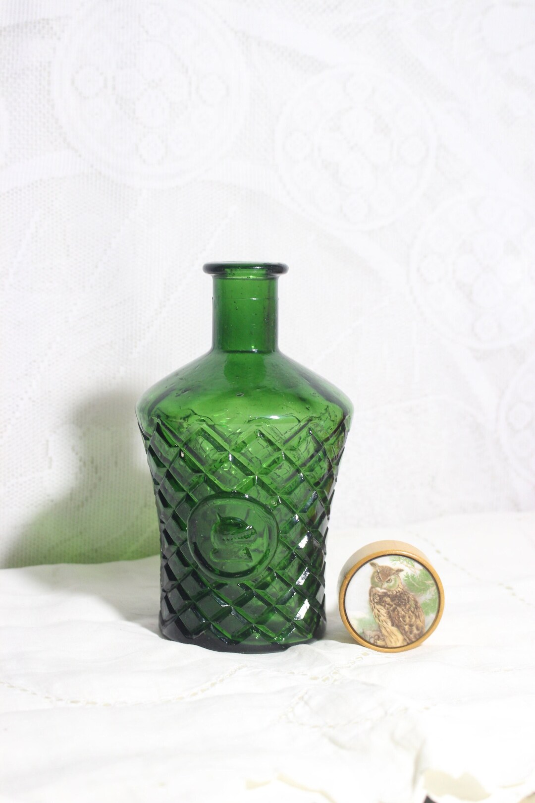 Green Glass Liquor Bottle, Diamond Cut Glass With Porcelain Owl Stopper