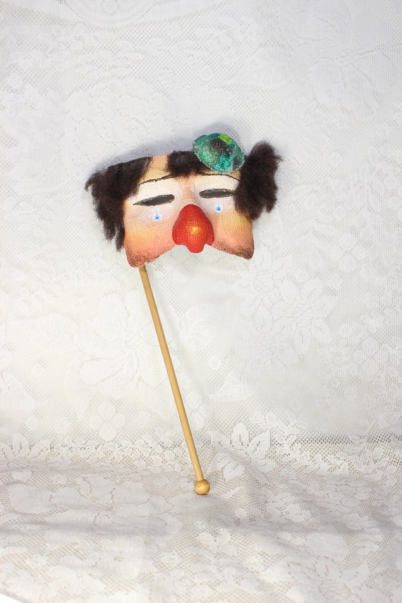 Vintage Paper Mache Drama Half Mask, Crying Clown 