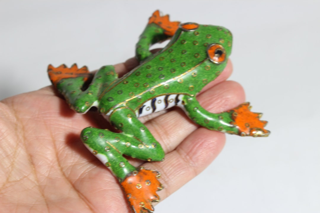 Small Brass Green Tree Frog Figurine With Colorful Enamel Etsy