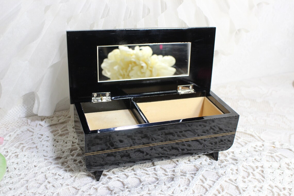 Vintage Black Lacquer Musical Jewelry Box With Mirror and Etsy