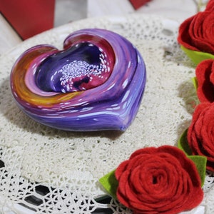 Colorful Glass Heart Paperweight, Mixed Purple and Red Colored Glass, Night Light