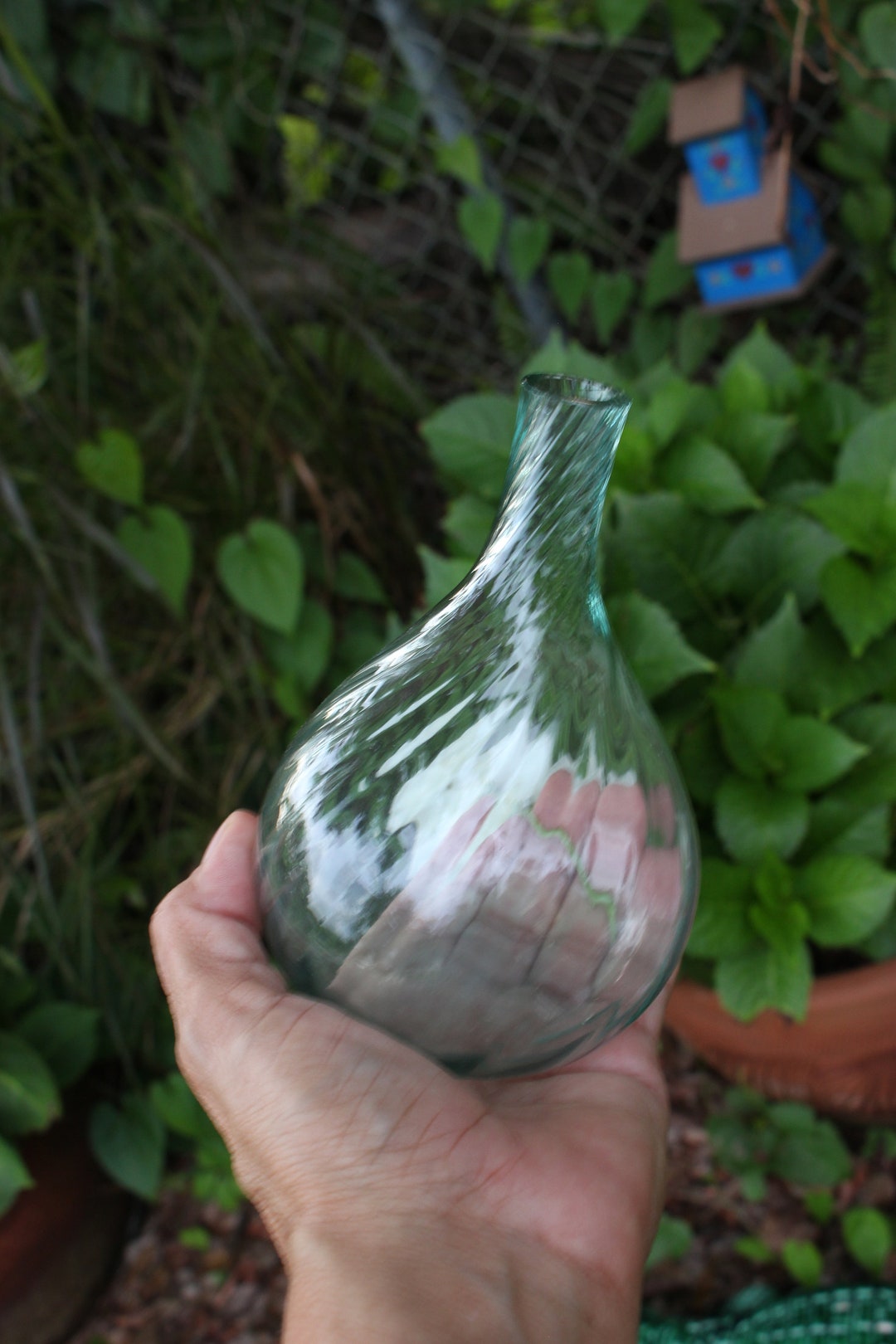 Vintage Twirl Glass Bud Vase, Green Glass Small Bulbshape Vase