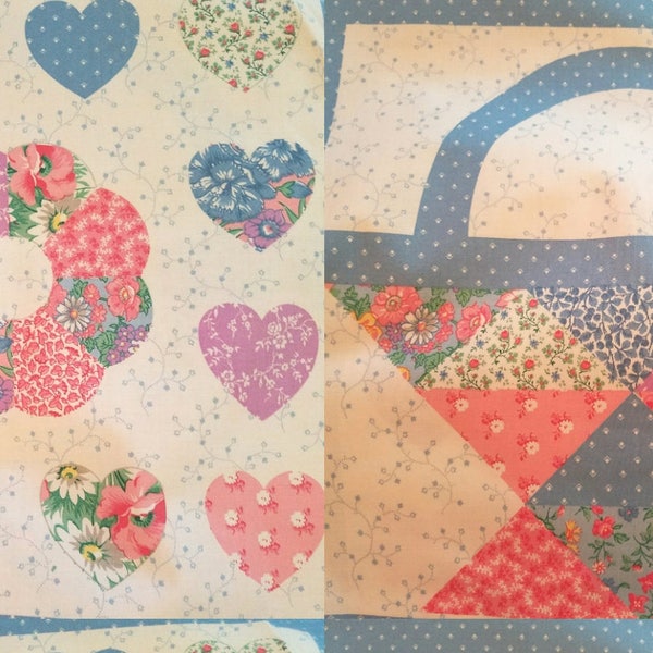 Quilting Fabric Pillow Form, Half Yard Panel, Craft Supply,  Vintage Quilt Print with Hearts and Bride Basket