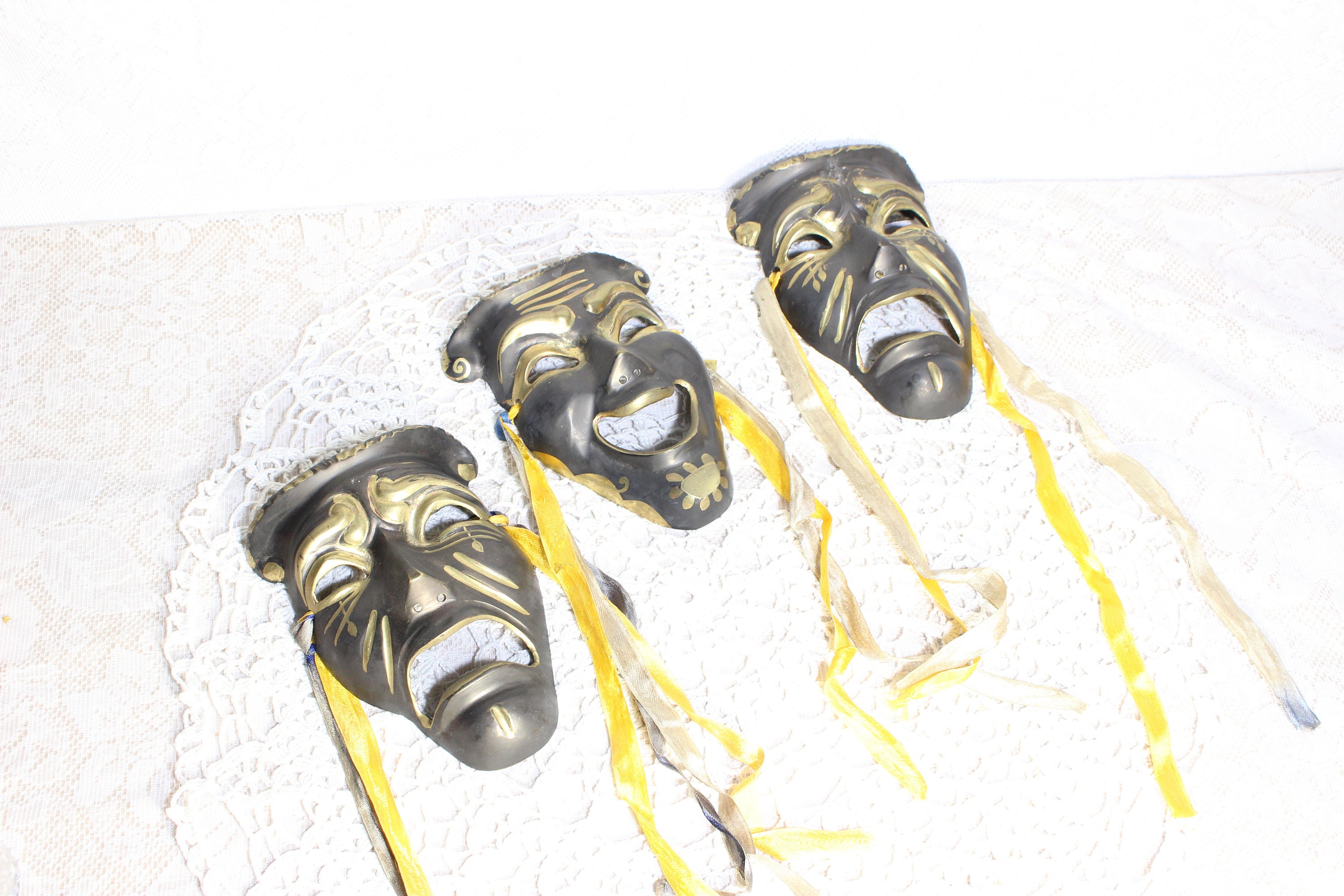Vintage Solid Brass Wall Mardi Gras Theatrical Drama Masks, Home