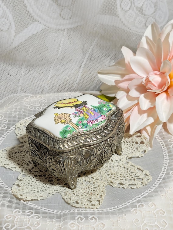 Vintage Farrington Trinket Box: Ornate Metal & Hand-Painted Porcelain Lid