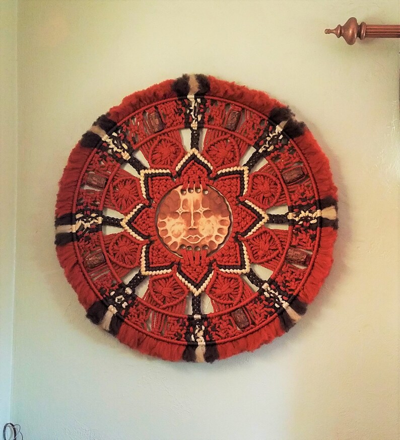 Rare Large Macrame Wall Art Rust Color Vintage Native American Sun Medallion Jungalow Decor North Western Alaskan Collectible