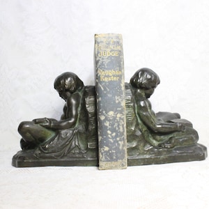 Antique Brass Cherub Bookends: Art Nouveau Putti Reading