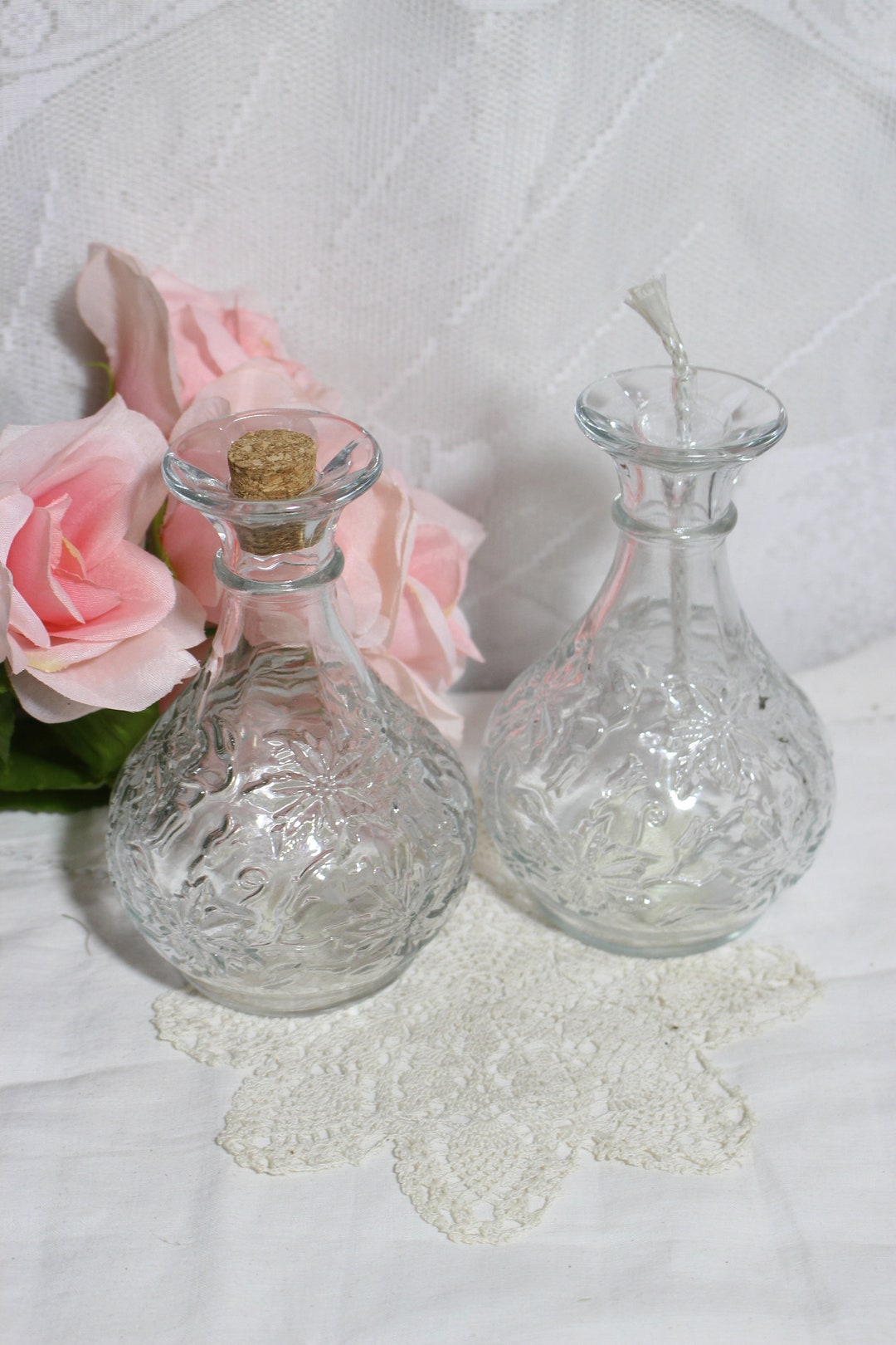 Glass Ornate Bottles, Oil Lamp and Matching Oil Bottle, Fantasia Fine