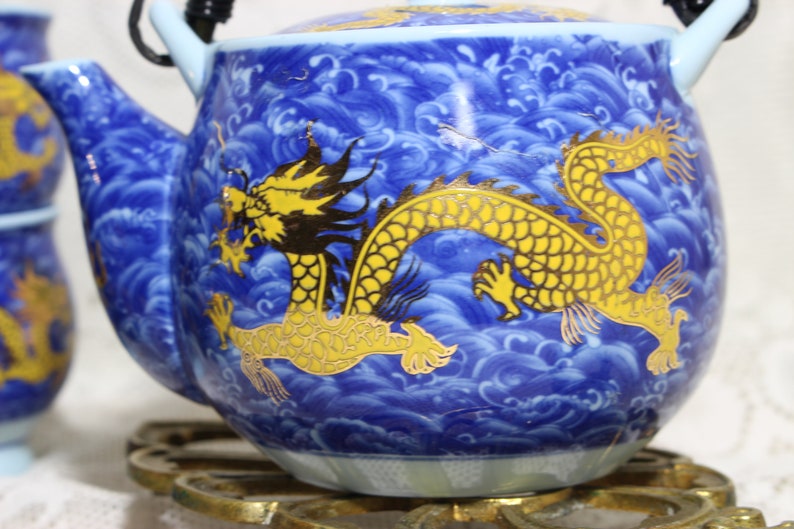 Vintage Asian Tea Set Oriental Chinese Dragon in Golden Color Etsy