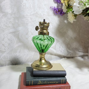 Vintage Small Green Glass Oil Lamp, Made in Hong Kong Hurricane Lamp