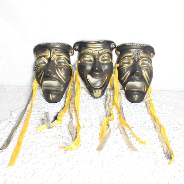 Vintage Solid Brass Wall  Mardi Gras Theatrical Drama Masks, Home Wall Decor  Set of 3