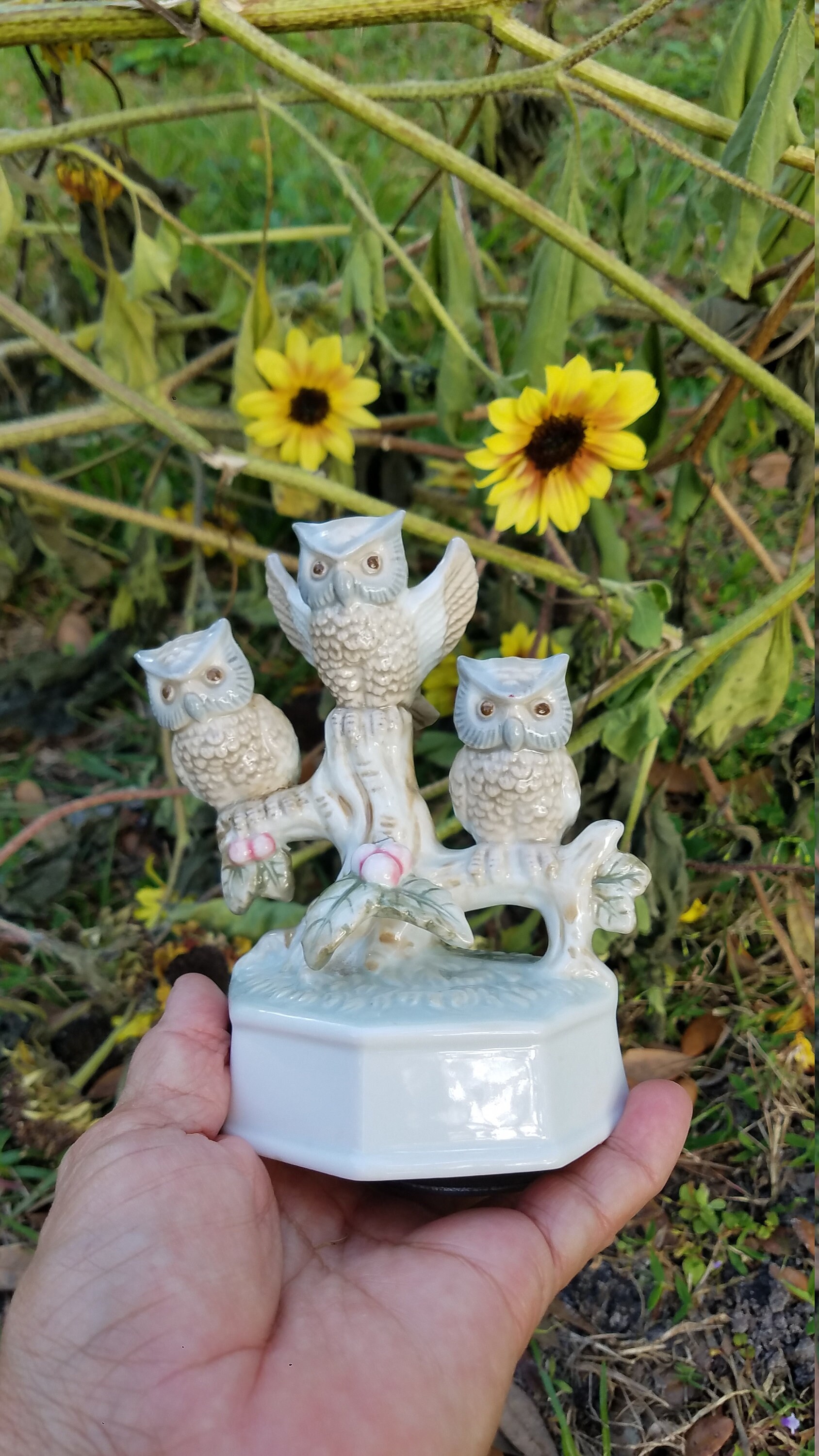 Vintage Porcelain Owls Music Box, Owls Figurine on a Branch Rotating Music Box, Plays " Feeling