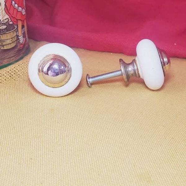 CHOOSE Amount, Vintage Round White Porcelain and Brass Drawer Knob Pullers with Gold Color Hardware, WITH Screws, Craft Supply