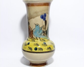 Vintage Colorful Hand Painted Tonala Pottery Vase Bluebird Folk Art  Mexico