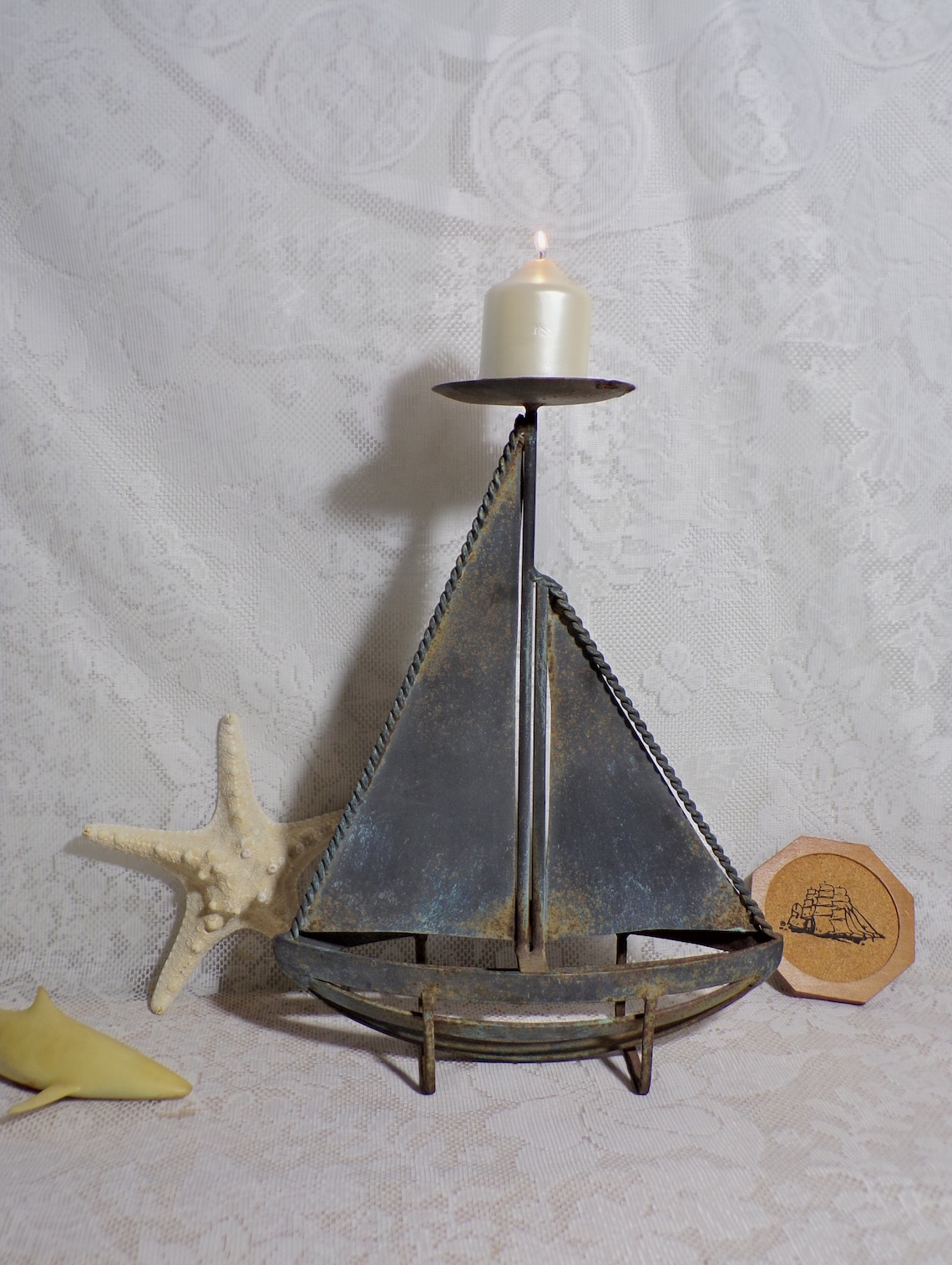 Vintage Metal Boat Candle Holder Natural Patina Pillar Candle Etsy