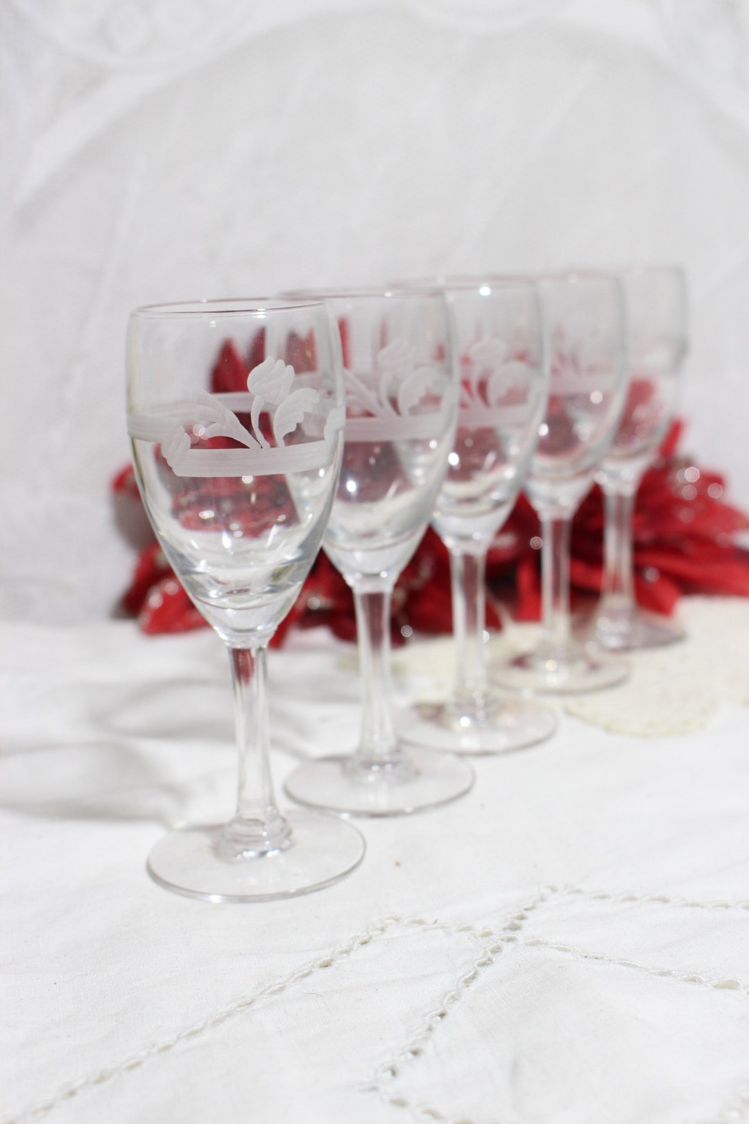 Vintage Glass Cordial Cups, Set of 5, Etched Glass Barware - Etsy