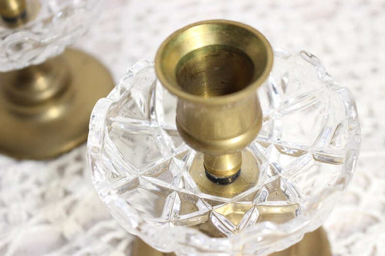 Vintage Small Brass Candle Holders With Cut Glass Wax Catcher Etsy