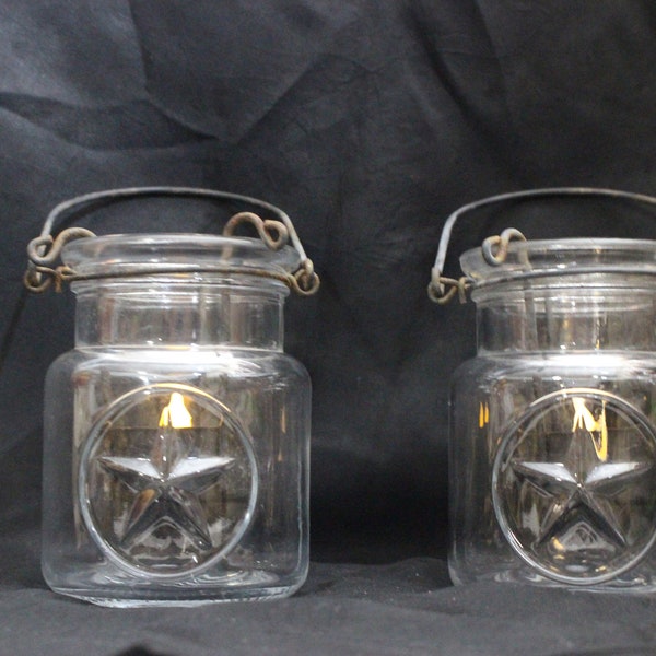 Vintage Glass Jar Garden Candle Lantern with Texas Lone Star, Candle Holder Inserts, Set of 2