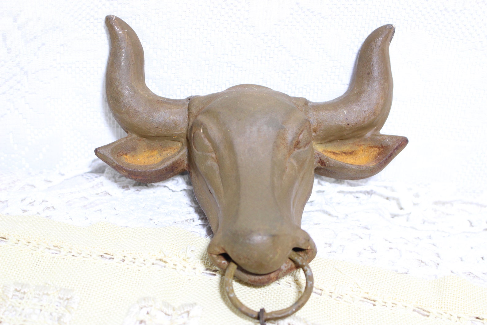 Vintage Heavy Cast Iron Bull's Head Sculpture With Nose Etsy