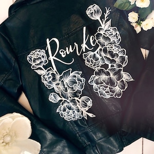 AANGEPASTE geschilderd Leather Bridal Jacket, Floral, bloemen, mevrouw, bruiloft jas, bruid, zwart leder, Painted jas, laatste naam jas