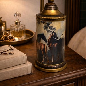 Puede incluir: Un tarro decorativo cilíndrico con tapa, que representa caballos en una escena pintada. El tarro tiene adornos y tapa dorados, y está colocado sobre una superficie de madera. El diseño incluye un paisaje con caballos.