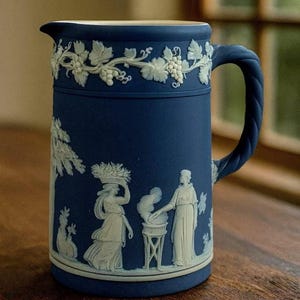 Antyczny dzbanek Wedgwood England Jasperware w kolorze kobaltu, dekoracja w stylu francuskim, wystrój neoklasycystyczny, dzbanek na mleko, dekoracja niebieskiej półki