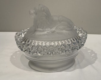 Imperial Glass LION Covered Candy Dish Atterbury with Lattice Edge, glass lion box, dining room candy dish, animal lidded dish, housewarming