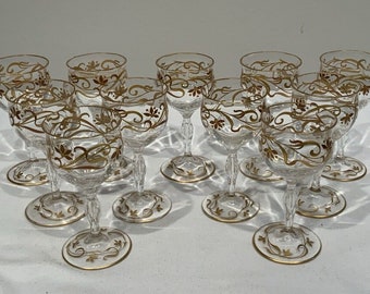 11 Antique Bohemian Josephinenhutte Raised Gold Art Nouveau Cordials, elegant dining glassware, gold barware, victorian dinning glasses