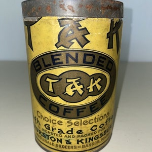 T & K Brand Coffee Tin Paper Label Thurstan And Kingsbury Grocers Bangor Maine, Vinatge collectible tins, coffee can, vintage kitchen decor