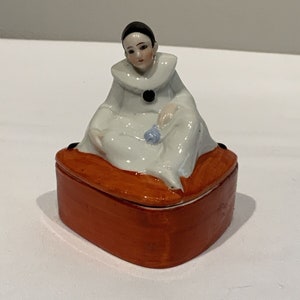 Art Deco Pierrot Clown Lidded Trinket Box, figural Dish, grandmillennial, shelf trinket dish, unique gifts for her, image 1