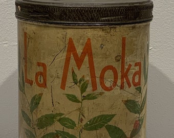 La Moka Coffee Tin Litho Label Market Basket Corp. Geneva, New York, Vintage collectible tins, coffee can, vintage kitchen decor