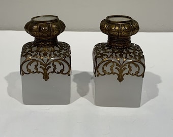 PAIR French Grand Tour Palais Royal Perfumes Opaline Bottles Ormolu Mounts, small decorative glass bottle, elegant small oil bottle