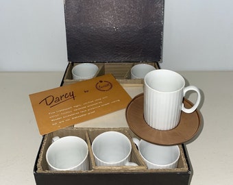 Vintage Darcy by Coronet (6) Demitasse Cups and Walnut Wooden Saucers Set Japan, Japanese tea set, demitasse cup set, modern tea set
