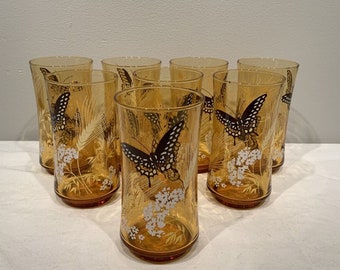 7 Vintage Libbey Amber Glass Tumblers, M. Petti glassware, Butterfly Barware, Retro tumblers and barware, modern drinkware