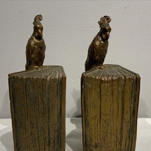 Antique pompeian bronze parrot atlas of the world bookends, grandmillennial, bird decor, vintage library bookends, bird lover gifts