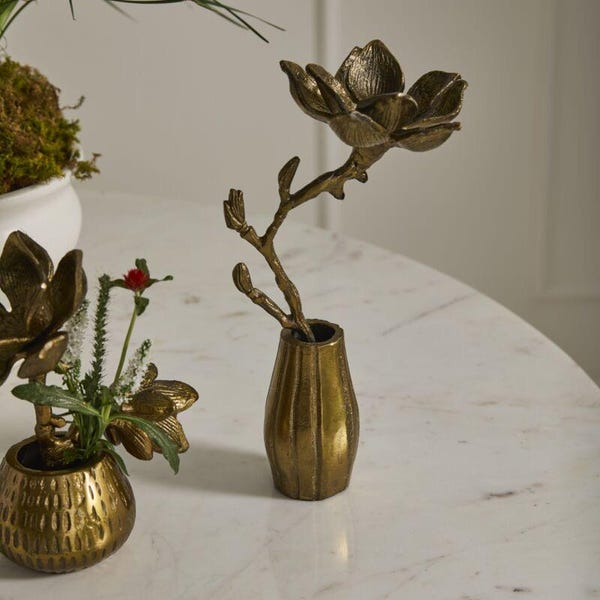 Gold Magnolia Branch Sculpture, modern nursery decor, marble shelf decor, seasonal decor, modern office decor, gold home accents
