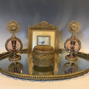Vintage Gold Ormolu Filagree Cherub Rose Dresser Vanity 5 PC set Amber Glass