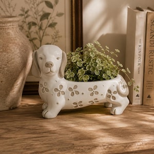 May include: A white ceramic dachshund-shaped planter featuring light brown accents on the ears, nose, and tail. The body of the dog is decorated with a repeating pattern of light brown flower shapes and small dots, holding a green leafy plant.
