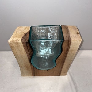 Hand Blown Art Glass Vase In Live Edge Slab, sculptural vase, modern home vase, gifts for wedding, gifts for her image 6