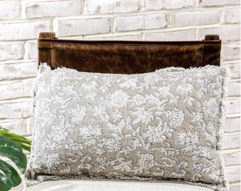 Beige Floral Pillow, trendy designer pillow, cottage core decor, natural throw pillow, linen striped pillow, decorative bed pillows