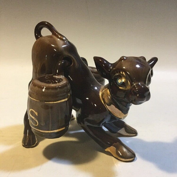 Vintage Redware Young Calf Bull Cow Hanging Barrels Salt And Pepper Shaker Set, collectible salt and pepper shaker sett, fun kitchen