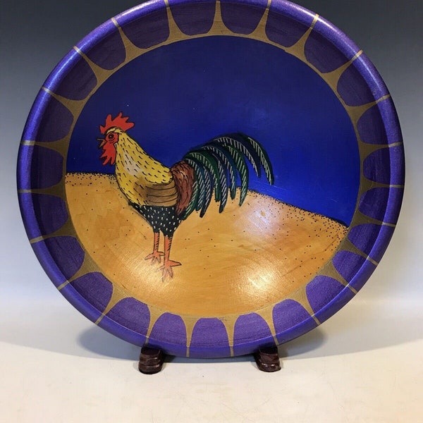 Artisan Hand Painted Wood Bowl Janis Childs original Rooster Design, unique fruit bowl, country kitchen, mexican kitchen