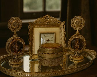 Vintage Gold Ormolu Filagree Cherub Rose Dresser Vanity 5 PC set Amber Glass