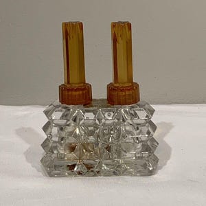 40s Art Deco Champrel Tiered Glass Double Perfume Bottle Bakelite Tops, antique gifts, unique gifts, gifts for grandma, grandmillennial