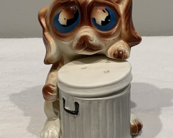 Vintage Big Eyes Sad Dog & Garbage Trash Can Salt and Pepper Shaker Set Japan, dong lover gifts, animal lover gifts, unique shaker set