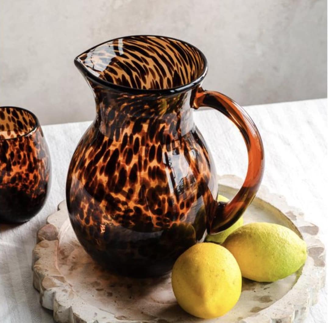 Hand Blown Tortoise Shell Glass Pitcher, modern pitcher, vintage inspired glass, unique kitchen decor, handmade pitcher