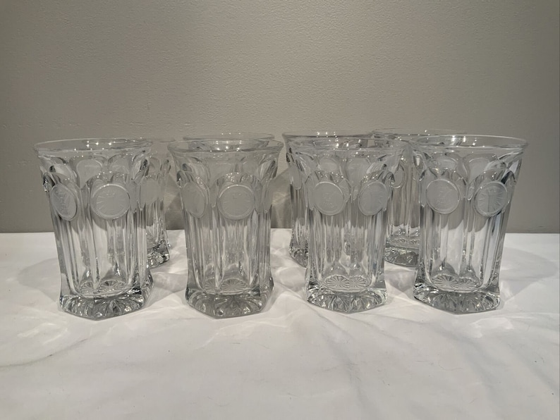 Fostoria Coin Cocktail Bar Glasses Heavy Iced Tea Tumblers set of 8, clear glass barware, MCM dinning room decor, pitcher with glass image 3