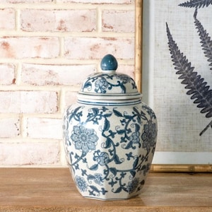 Blue Floral Ginger Jar w/ Lid, decorative pottery, office shelf decor, decorating urn, Classic Chinoiserie Style, grandmillennial